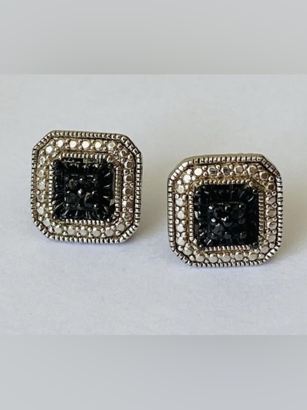 STERLING SILVER 925 BLACK DIAMOND CHIP ILLUSION SETTING DESIGNER SIGNED EARRINGS
